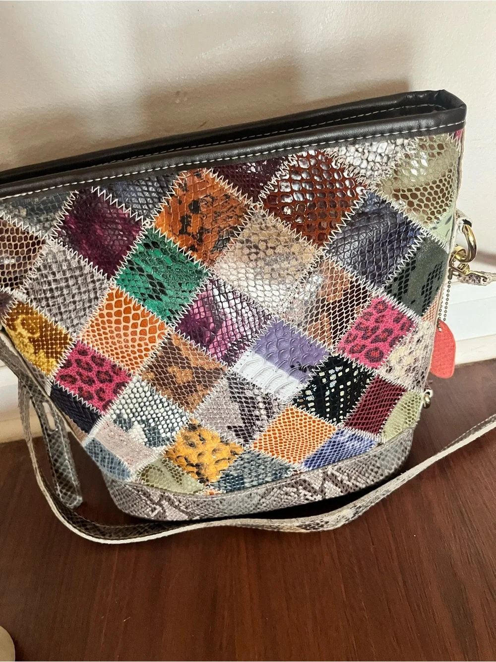 Chaos by Elsie Patchwork Multicolor Snake-Texture Crossbody bag